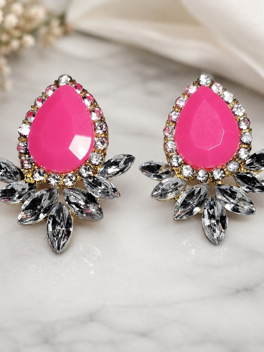 Pink Statement Earrings Rhinestone Floral Acrylic Teardrop Gold Tone Glam